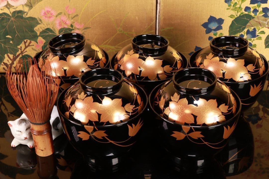 ほぼ未使用 懐石道具 平安象彦 木製黒真塗 箸洗 小吸物椀 5客揃 底印 共箱 懐石道具 平安象彦 木製黒真塗 箸洗 小吸物椀 5客